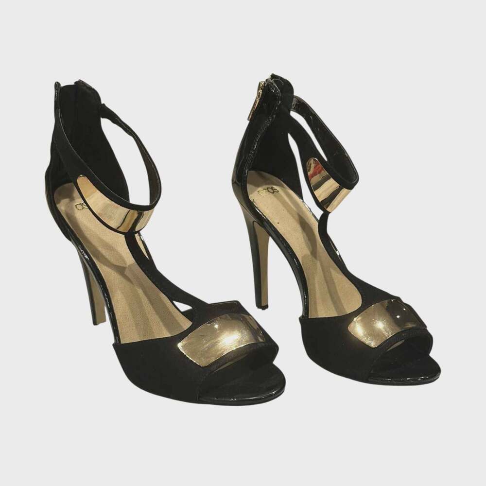ASOS Black Suede Patent Leather Gold T-Strap Heels Women’s Size 8